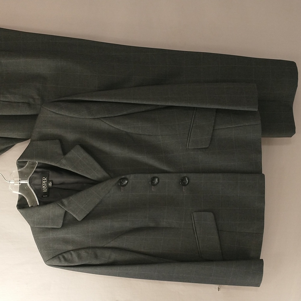 Gray Windowpane Pantsuit Classic Pants & Blazer Vintage Kasper Charcoal Grey 12P